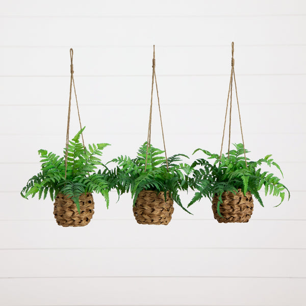 10” UV Resistant Artificial Boston Fern in Hanging Wicker Basket (Indoor/Outdoor) - Set of 3