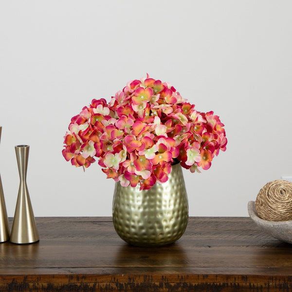 11” Artificial Hydrangea Arrangement in Gold Metal Vase