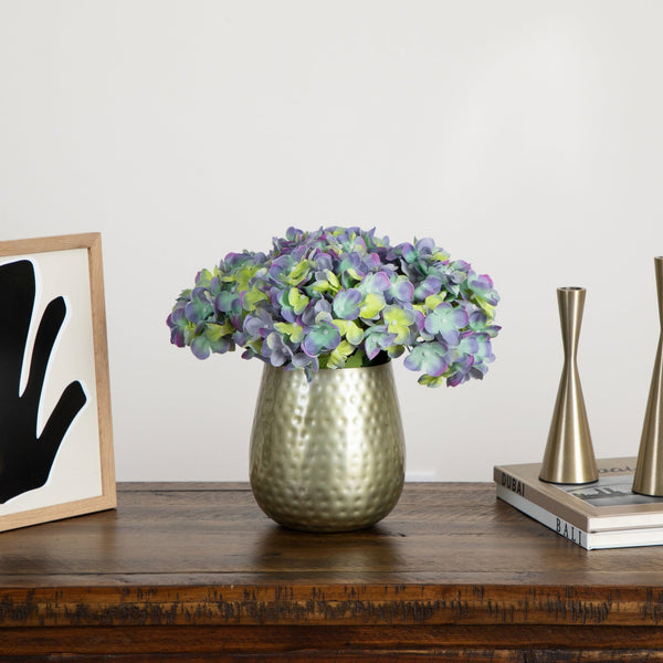 11” Artificial Hydrangea Arrangement in Gold Metal Vase