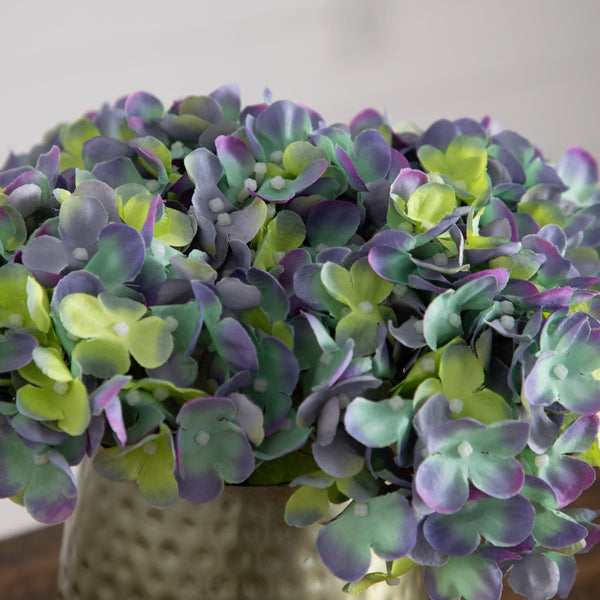 11” Artificial Hydrangea Arrangement in Gold Metal Vase