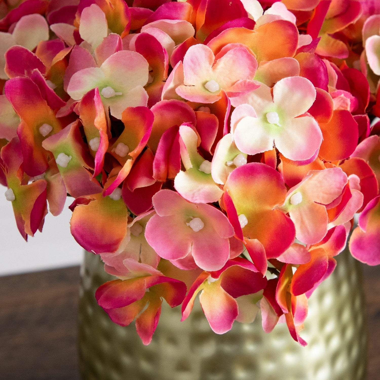 11” Artificial Hydrangea Arrangement in Gold Metal Vase