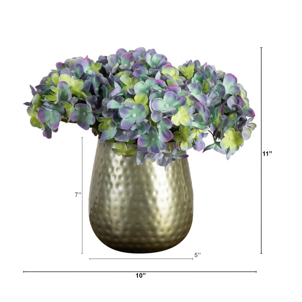 11” Artificial Hydrangea Arrangement in Gold Metal Vase