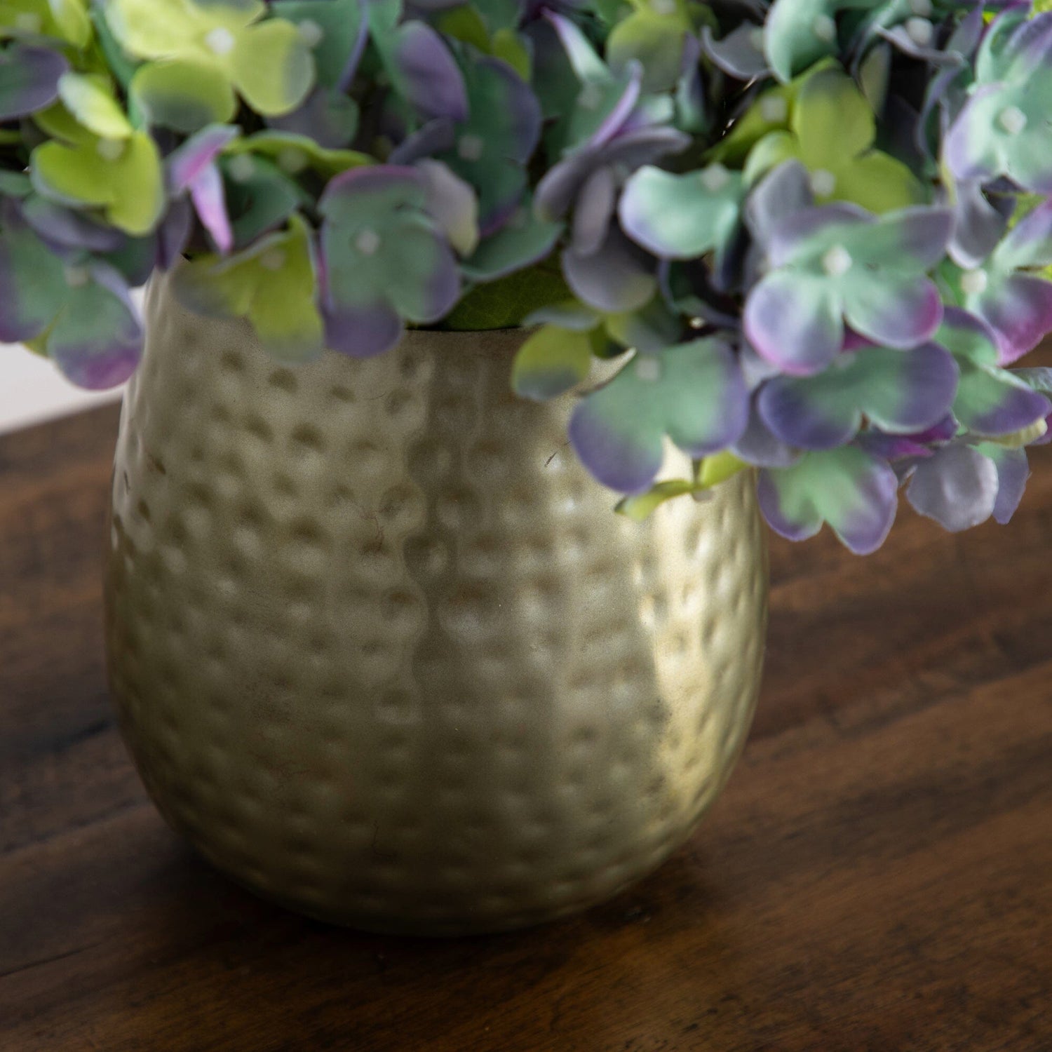 11” Artificial Hydrangea Arrangement in Gold Metal Vase