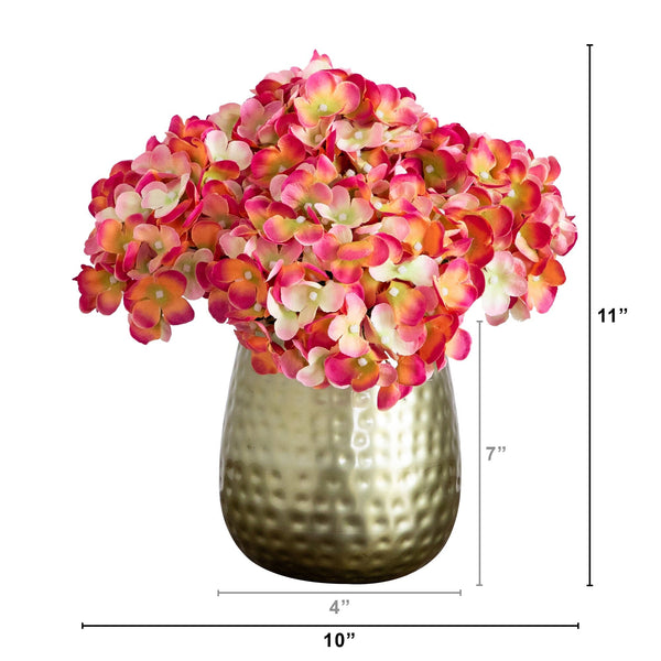 11” Artificial Hydrangea Arrangement in Gold Metal Vase