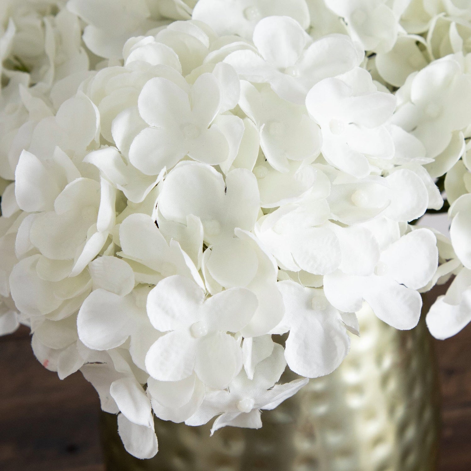 11” Artificial Hydrangea Arrangement in Gold Metal Vase