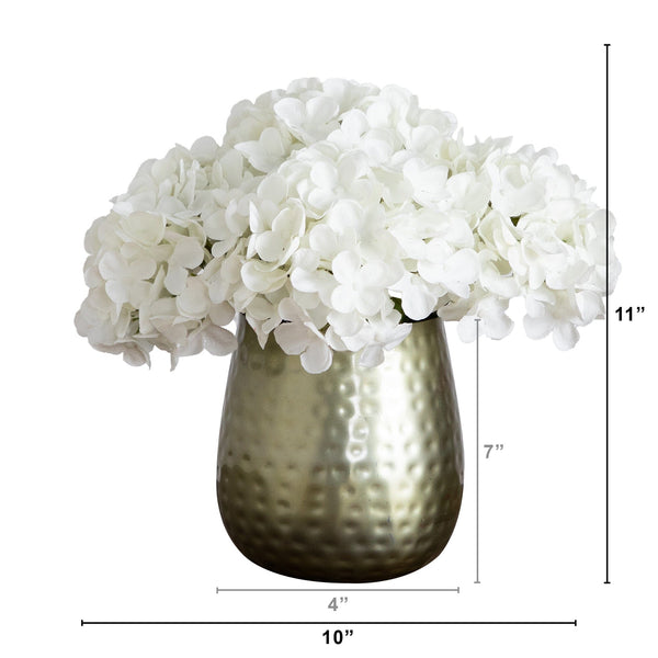 11” Artificial Hydrangea Arrangement in Gold Metal Vase