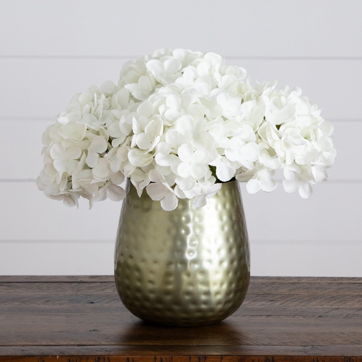 11” Artificial Hydrangea Arrangement in Gold Metal Vase