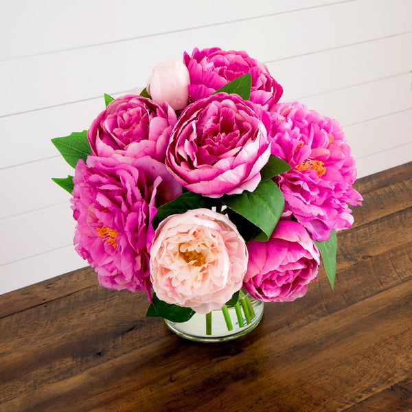 12” Artificial Peony Arrangement in Glass Vase