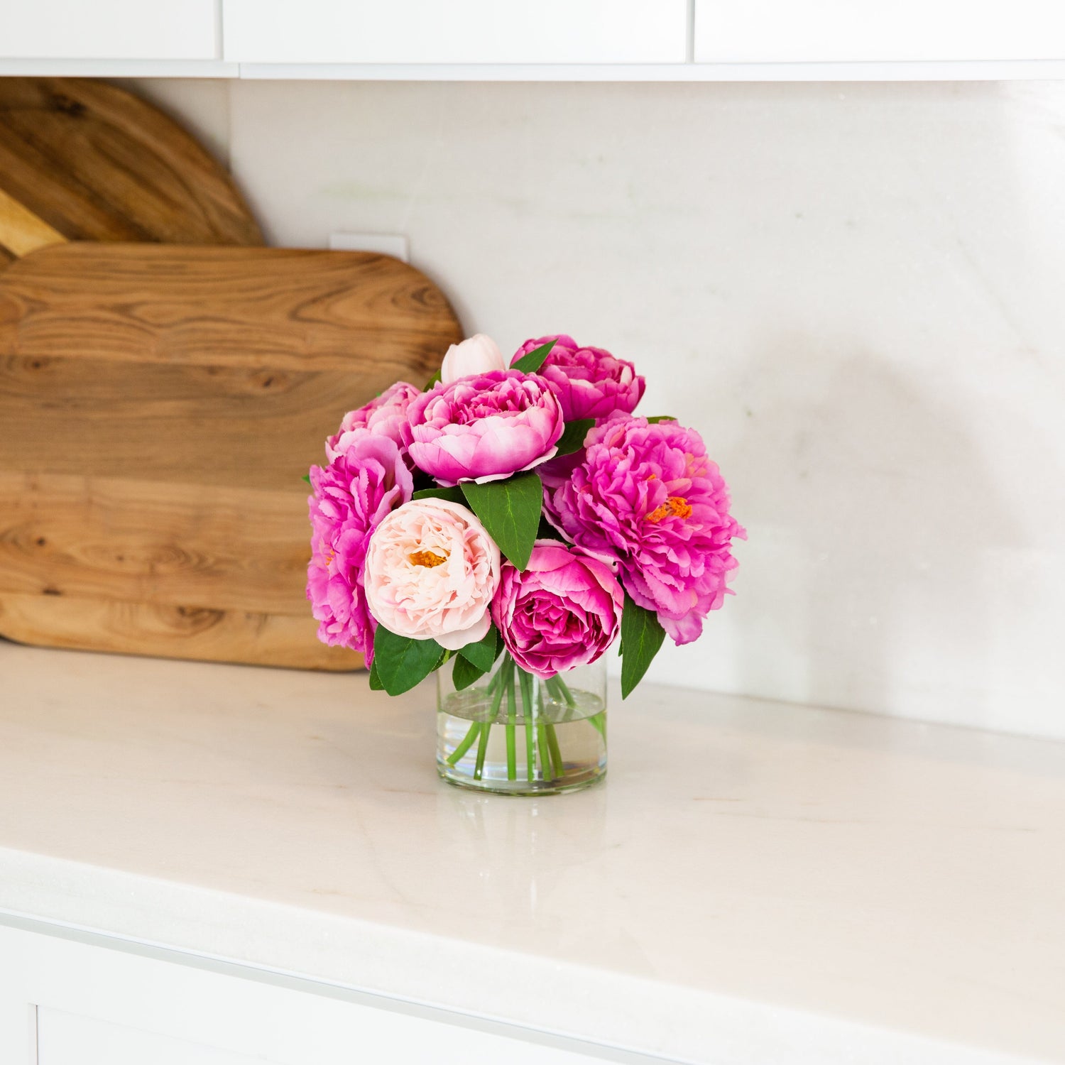 12” Artificial Peony Arrangement in Glass Vase