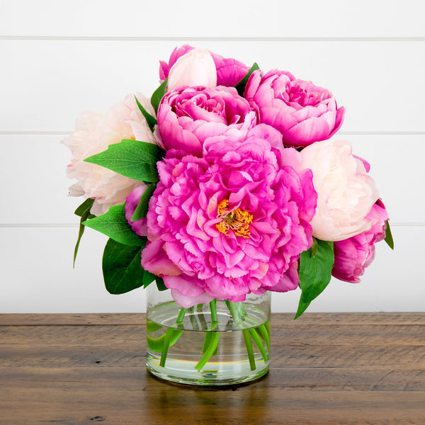 12” Artificial Peony Arrangement in Glass Vase