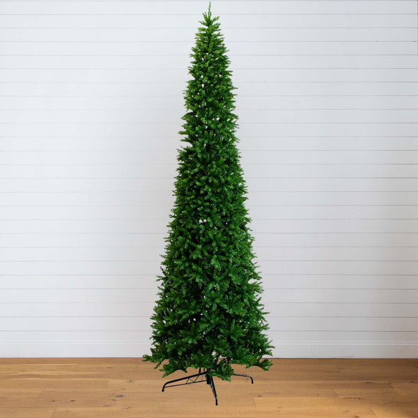 14’ Artificial Slim Green Mountain Pine Christmas Tree with 1600 Warm White LED Lights