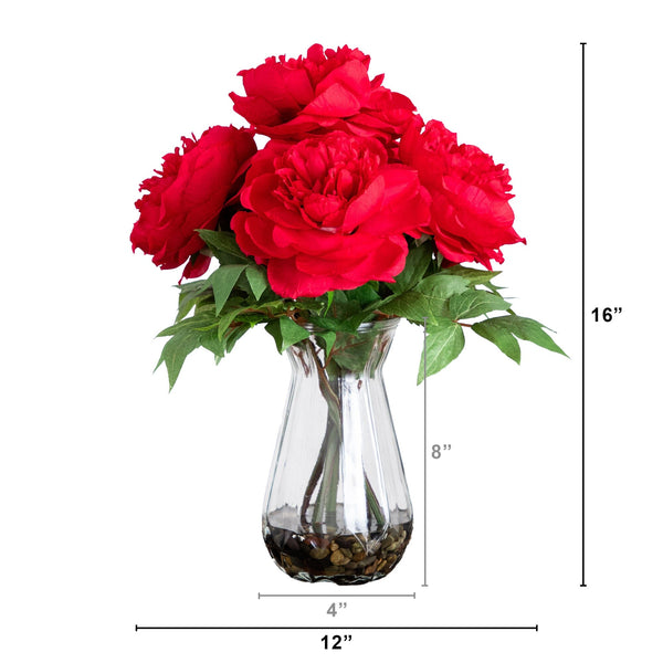 16" Artificial Pink Peony Arrangement in Glass Vase