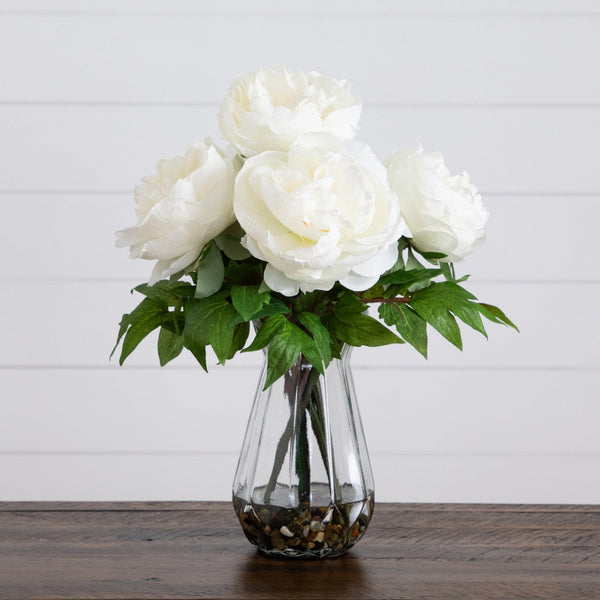 16" Artificial Pink Peony Arrangement in Glass Vase