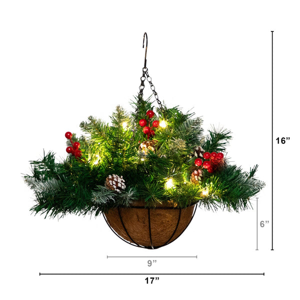 16” Pre-Lit Artificial Pine & Berry Hanging Basket with White LED Lights