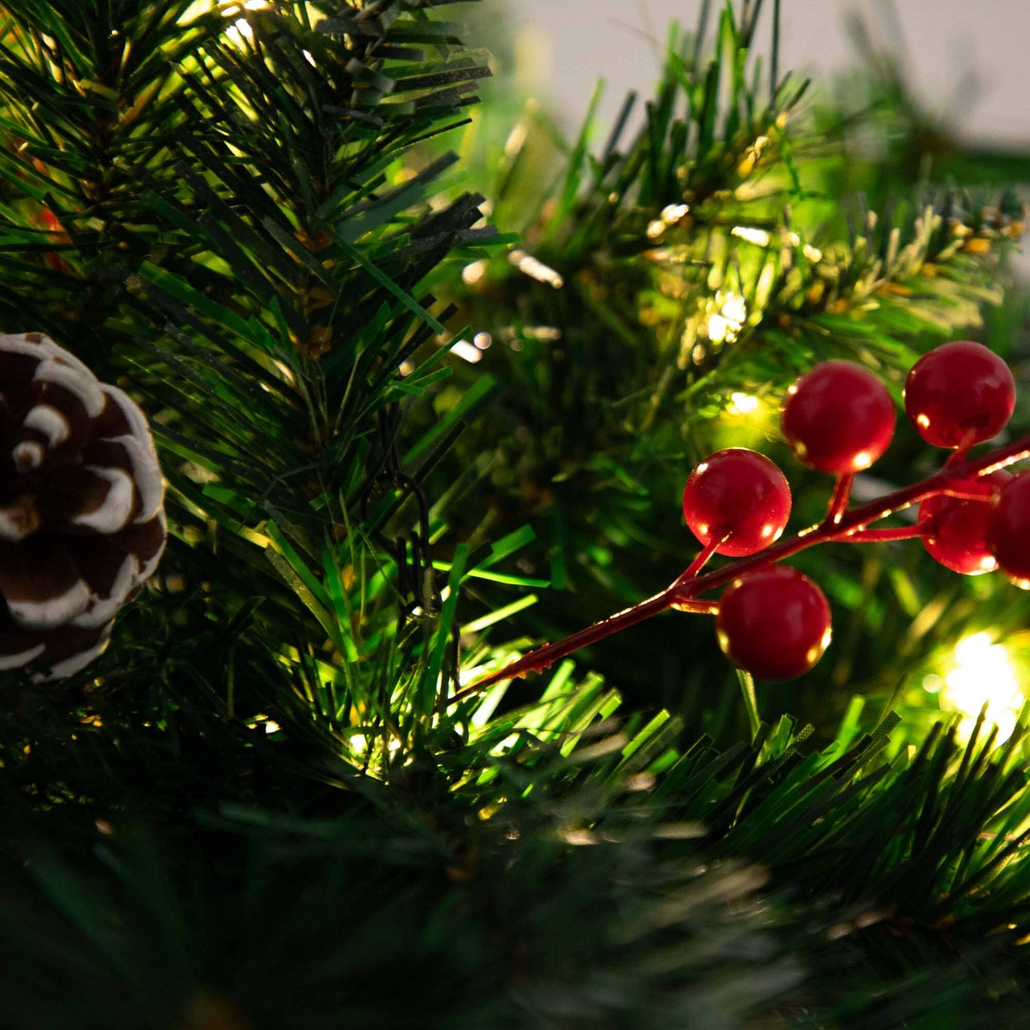 16” Pre-Lit Artificial Pine & Berry Hanging Basket with White LED Lights