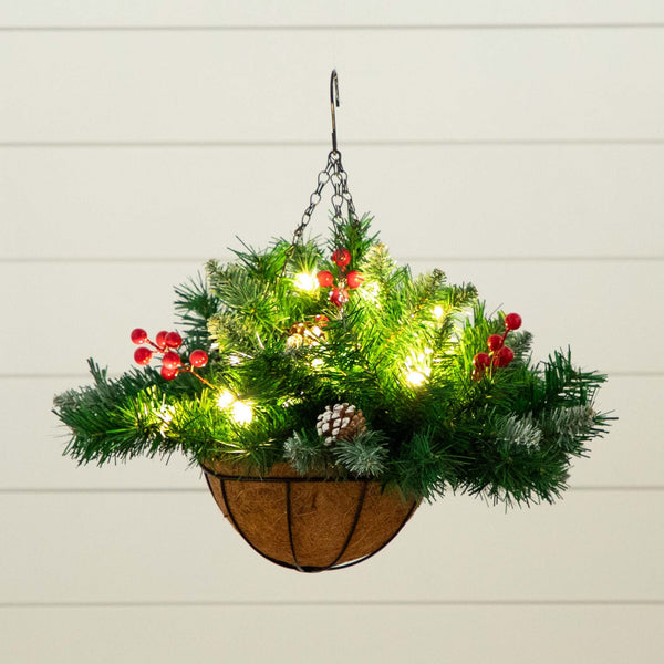 16” Pre-Lit Artificial Pine & Berry Hanging Basket with White LED Lights