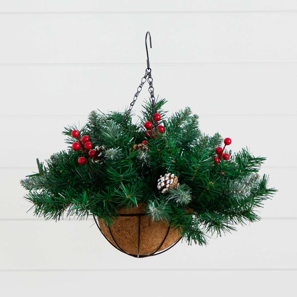 16” Pre-Lit Artificial Pine & Berry Hanging Basket with White LED Lights