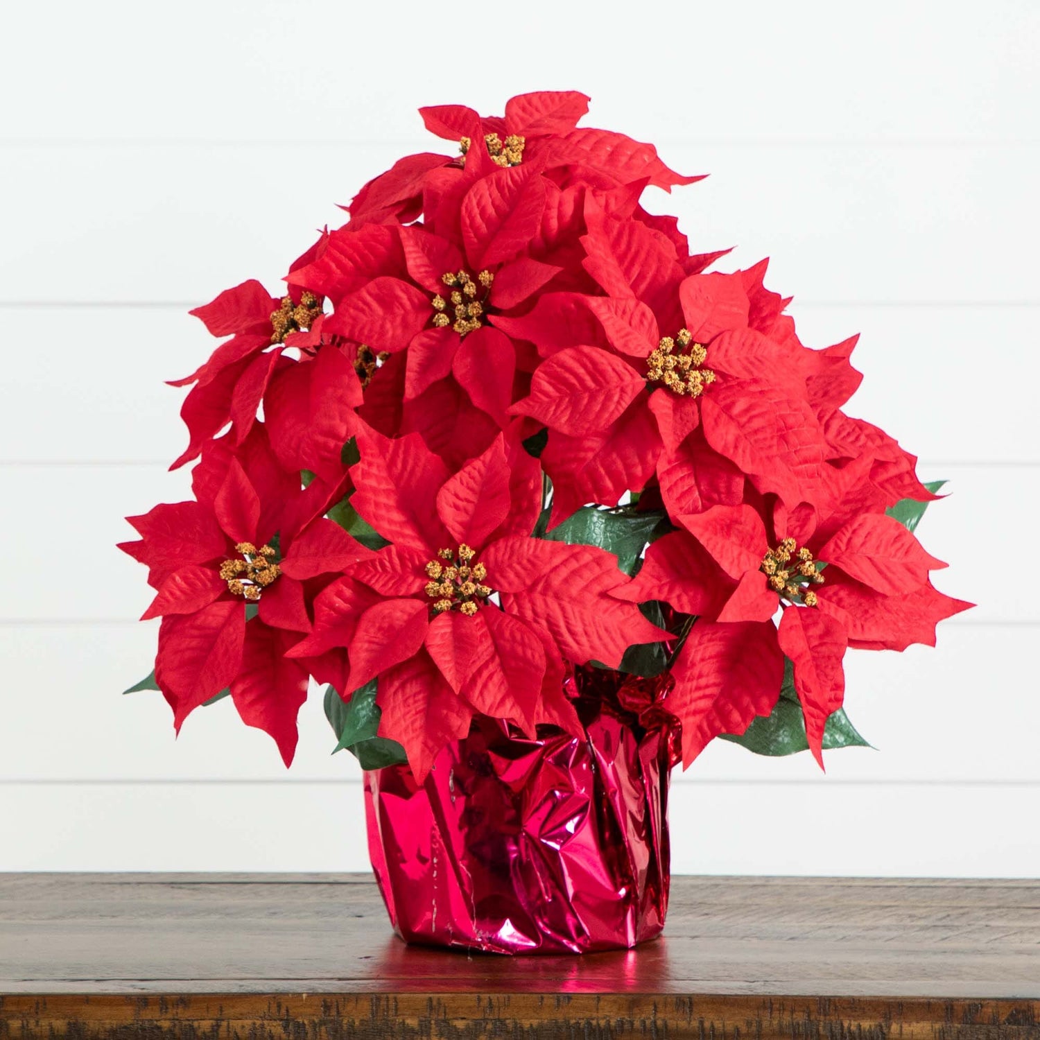 19” Artificial Lush Poinsettia Arrangement in Red Wrapped Planter