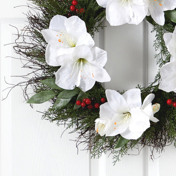 20” Cedar, Amaryllis and Ruscus with Berries Artificial Wreath