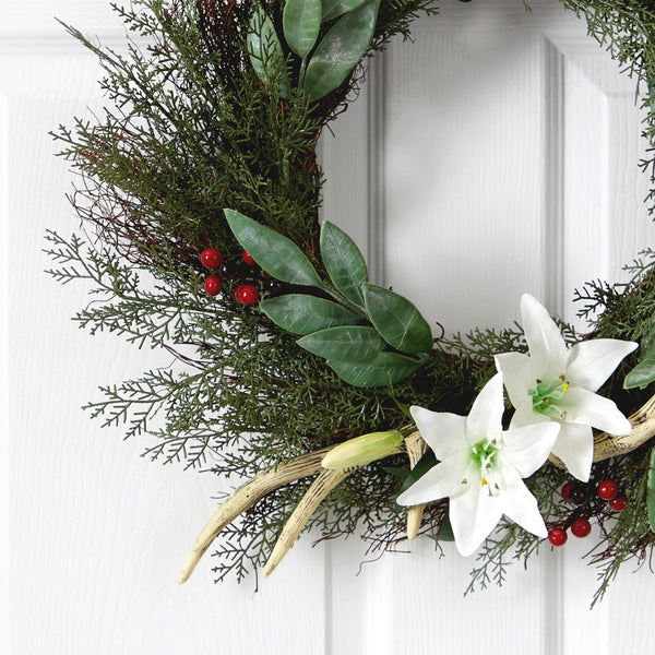 20” Cedar, Antlers, Lily and Ruscus with Berries Artificial Wreath