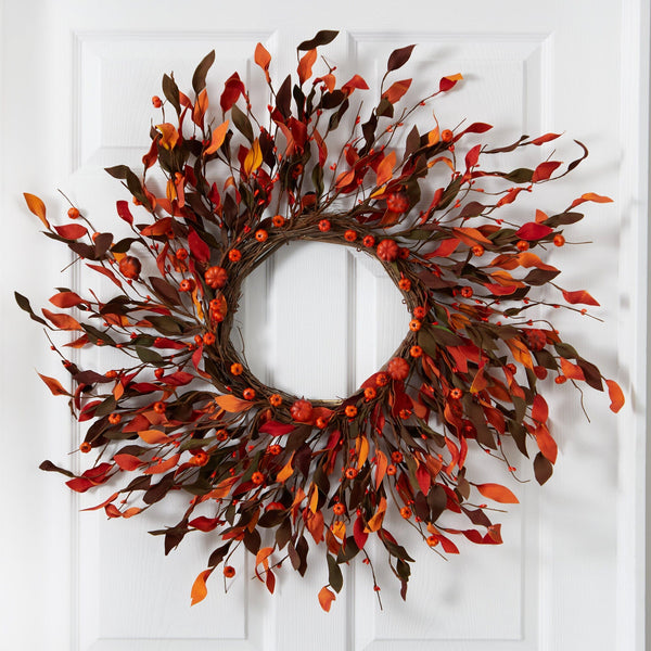 20” Harvest Leaf and Mini Pumpkin Artificial Wreath