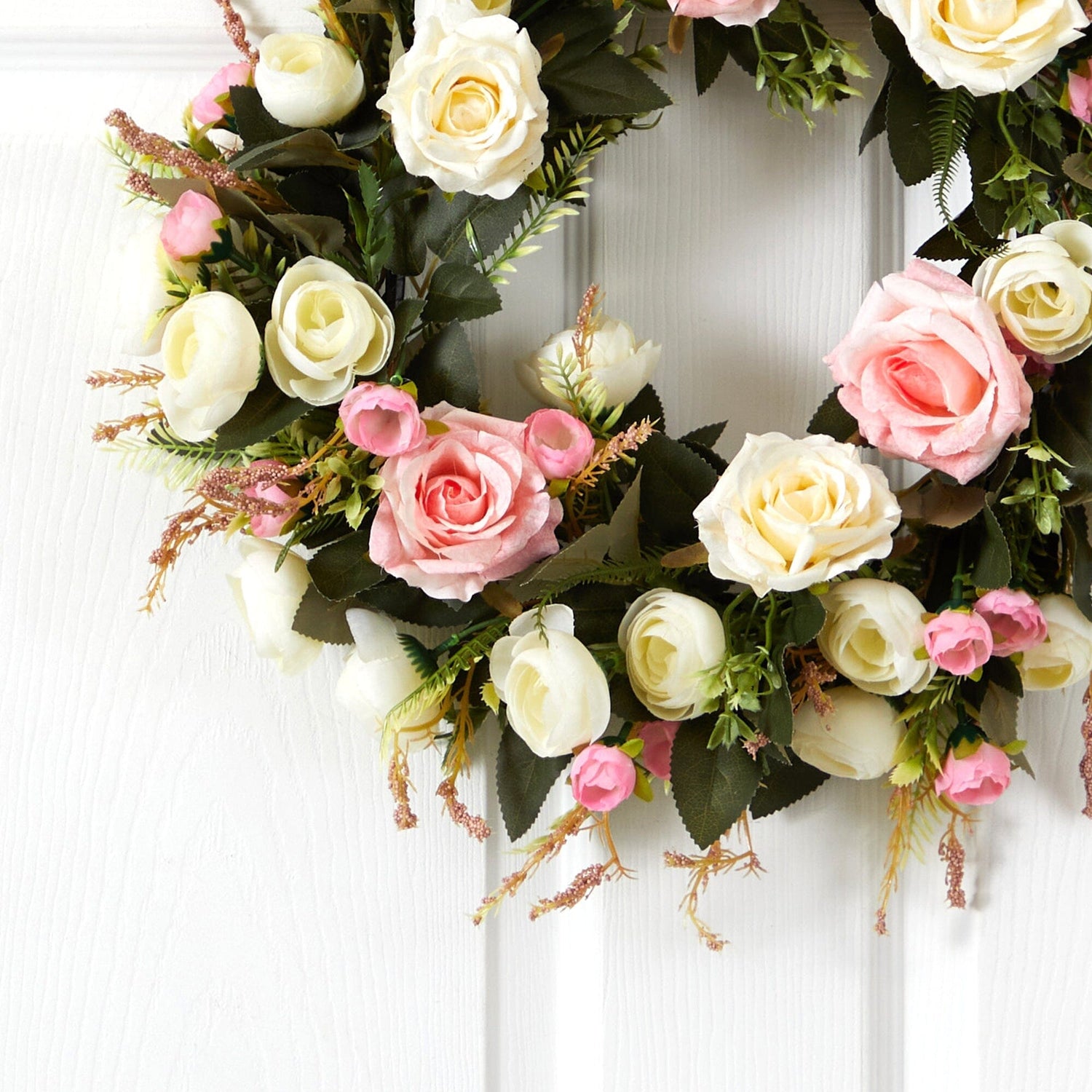 20” White & Pink Rose Artificial Wreath