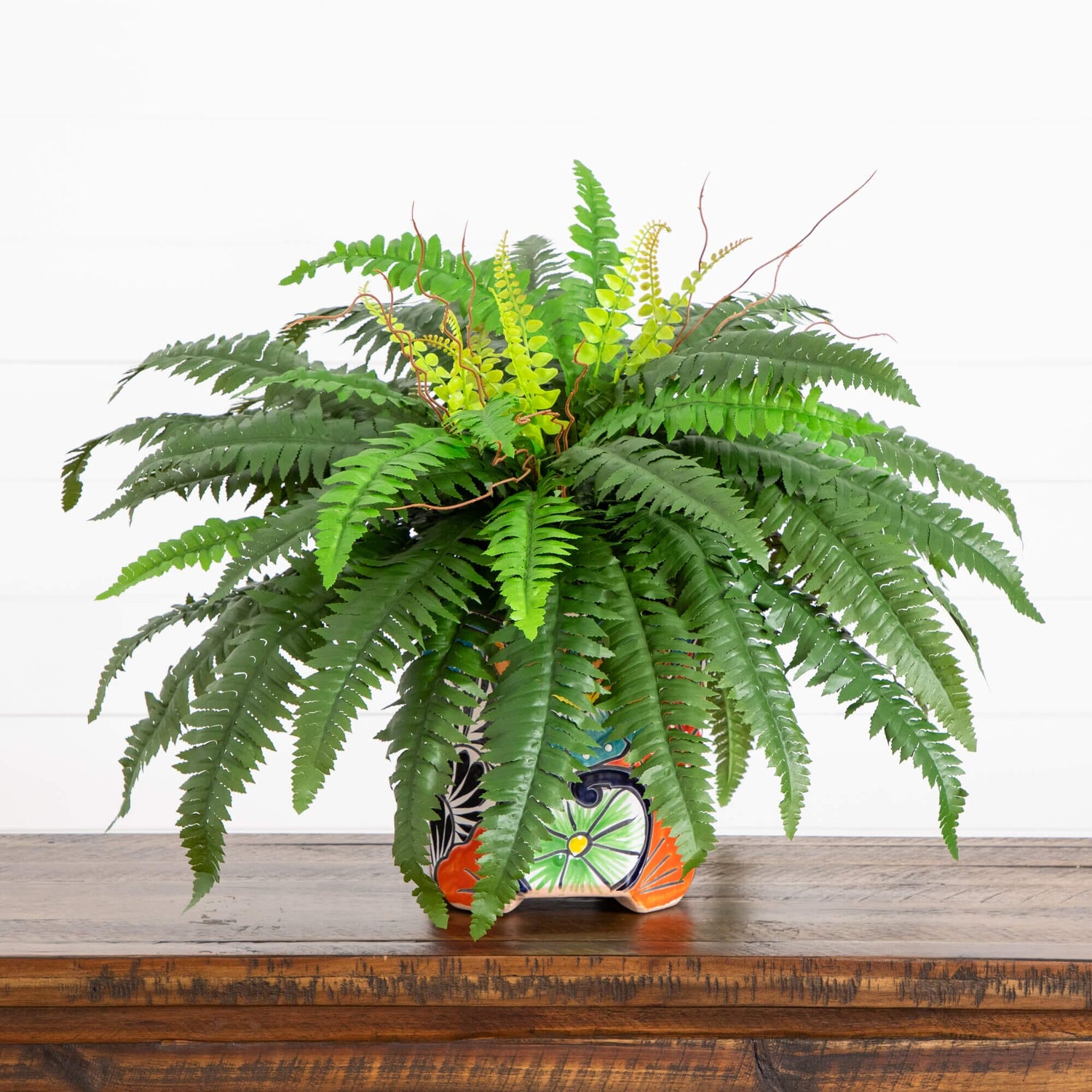 21” Artificial Boston Fern in Handmade Mexican Talavera Ceramic Planter