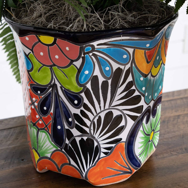 21” Artificial Boston Fern in Handmade Mexican Talavera Ceramic Planter