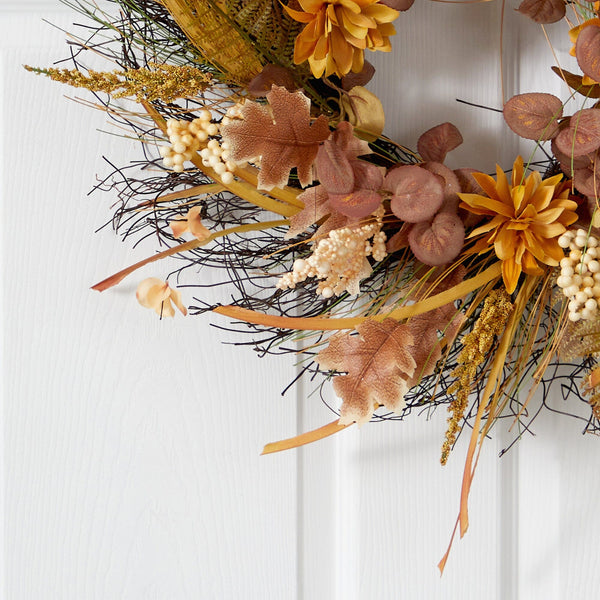 22” Autumn Dahlia and Berries Artificial Fall Wreath