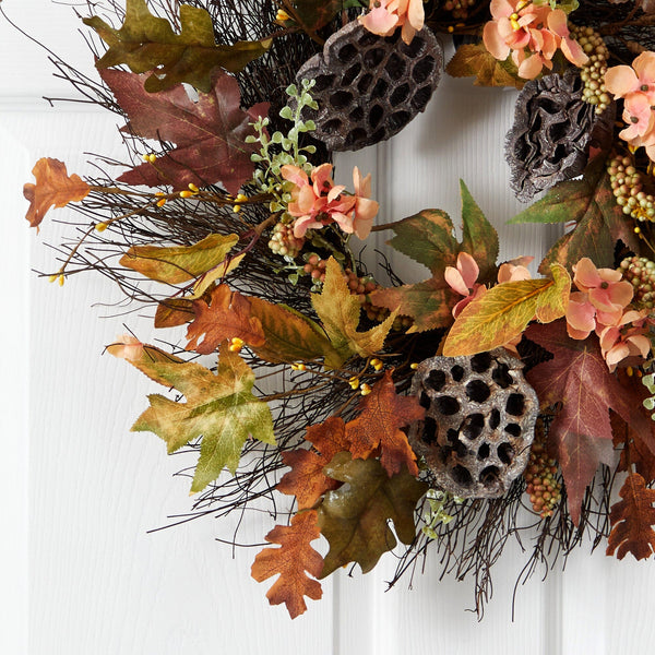 22” Autumn Hydrangea, Dried Lotus Pod Artificial Fall Wreath