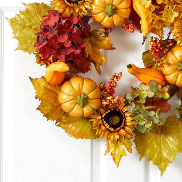 22” Autumn Hydrangea, Pumpkin and Sunflower Artificial Fall Wreath