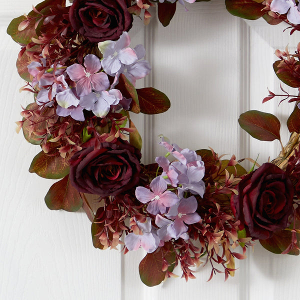 22” Fall Hydrangea and Rose Autumn Artificial Wreath