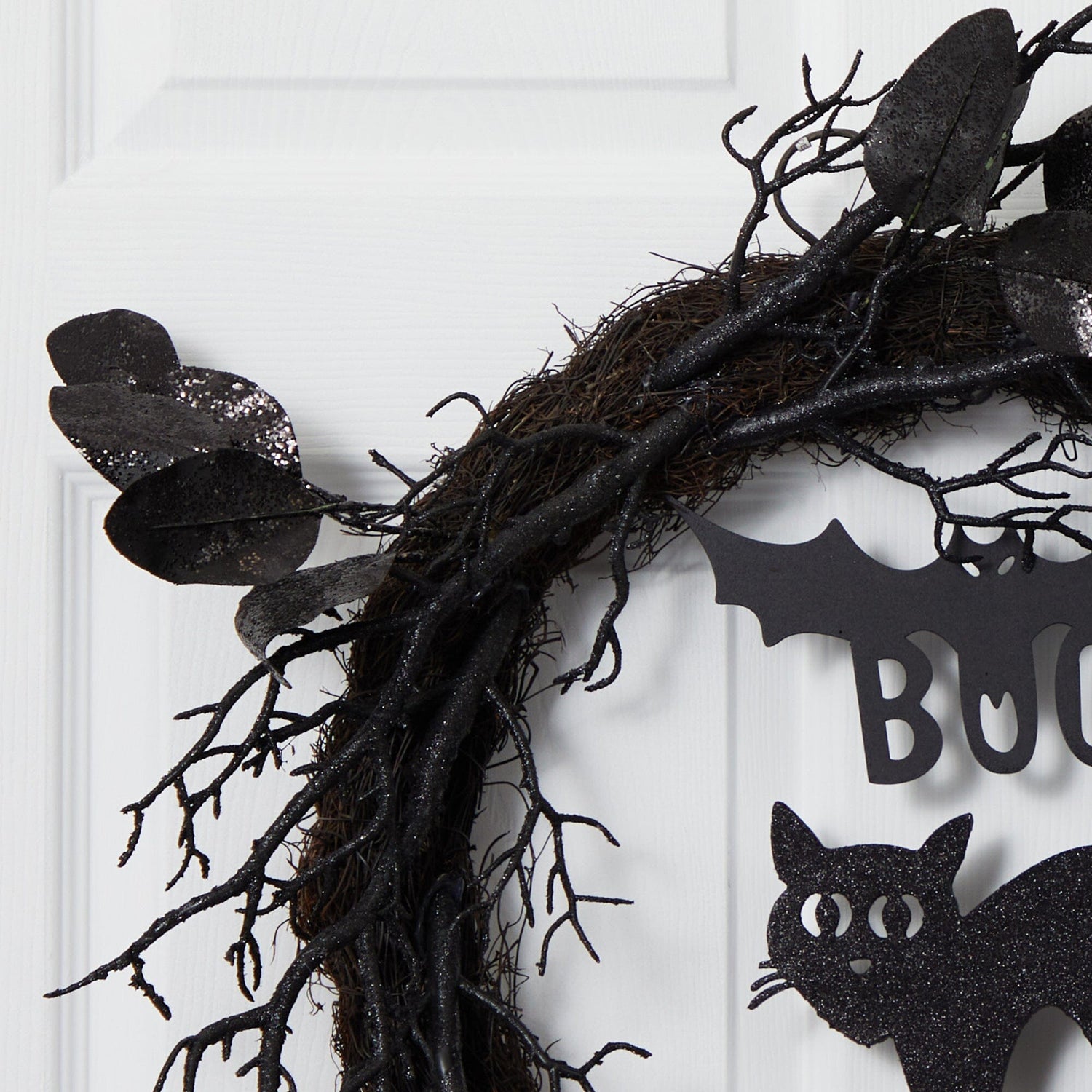 22” Halloween Black Cat and Bat Boo Twig Wreath