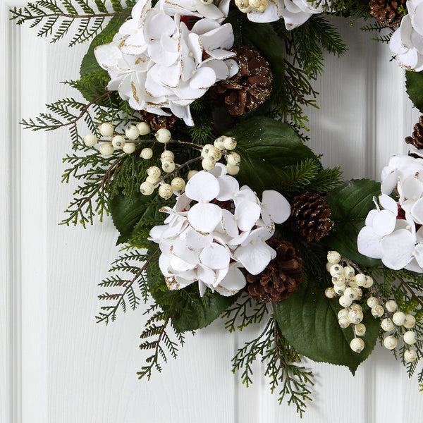 24” Artificial Hydrangea & Berry Gold Trimmed Wreath