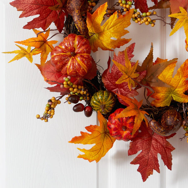 24” Autumn Pumpkin and Berries Artificial Fall Wreath