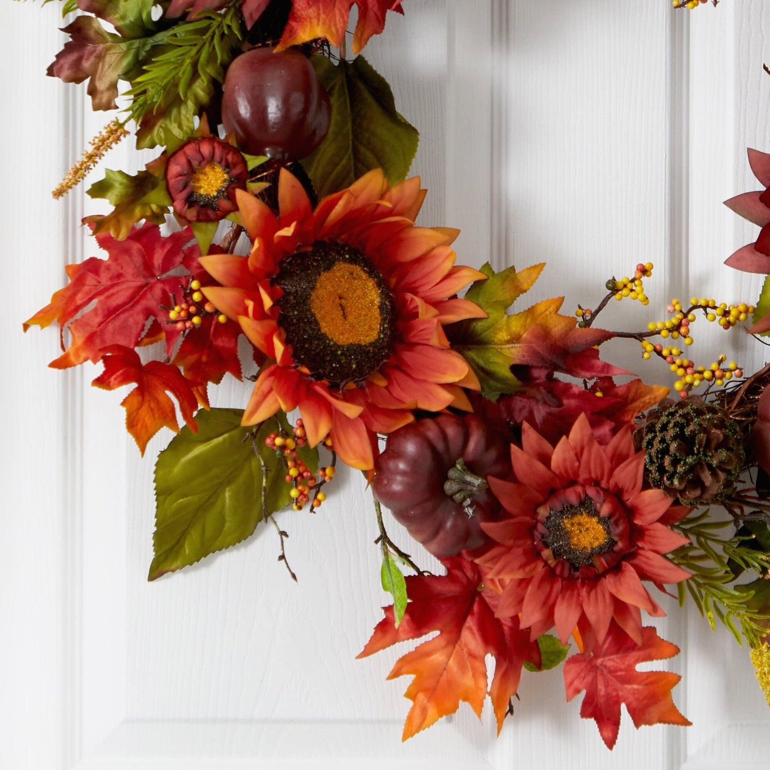 24” Autumn Sunflower, Pumpkin, Pinecone and Berries Fall Artificial Wreat