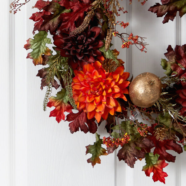 24” Fall Dahlia, Golden Apple, Oak Leaf and Berries Autumn Artificial Wreath