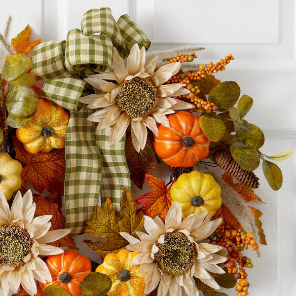 24” Fall Pumpkin, Sunflower Artificial Autumn Wreath with Decorative Ribbon