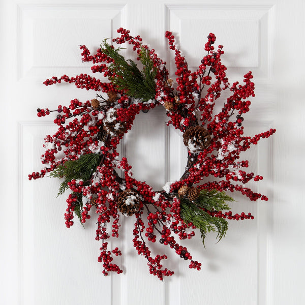 24” Frosted Cypress Artificial Wreath with 
Berries and Pine Cones