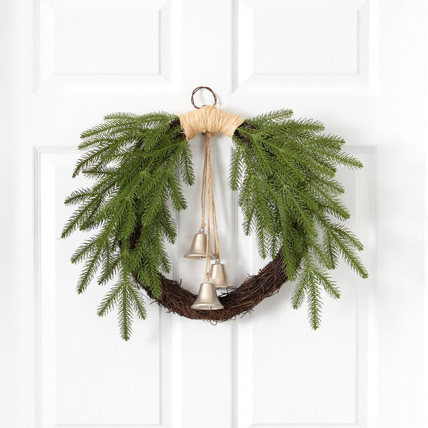 24” Holiday Christmas Pine and Bells Wreath