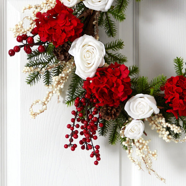 24" Hydrangea w/White Roses Wreath"