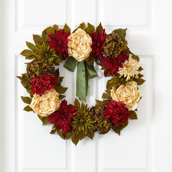 24” Peony, Dahlia and Hydrangea Artificial Wreath