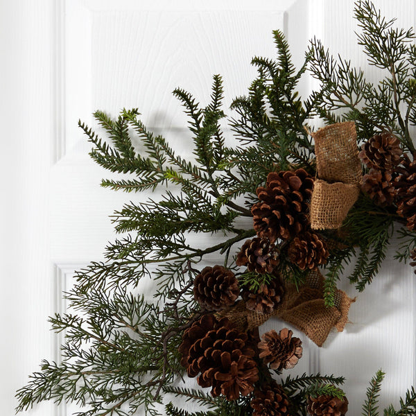 24” Pine & Pine Cone Wreath w/Burlap Bows