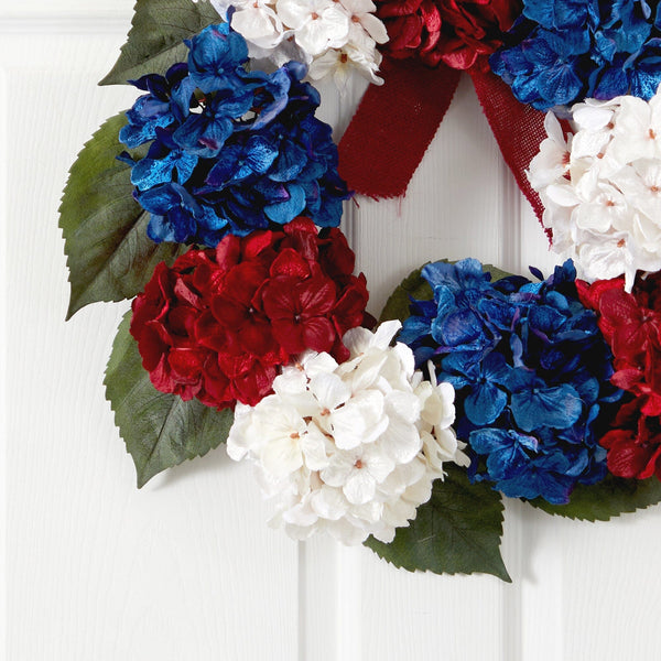 24” Red, White and Blue “Americana” Hydrangea Artificial Wreath