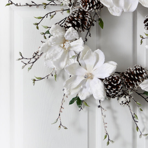 24” Snowed Magnolia / Pine Cone Wreath