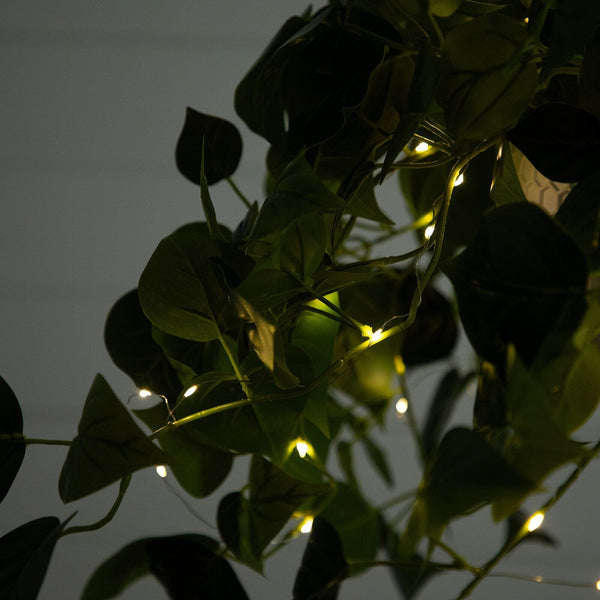 24” UV Resistant Artificial Philodendron with 50 Warm White LED Lights in White Hanging Basket