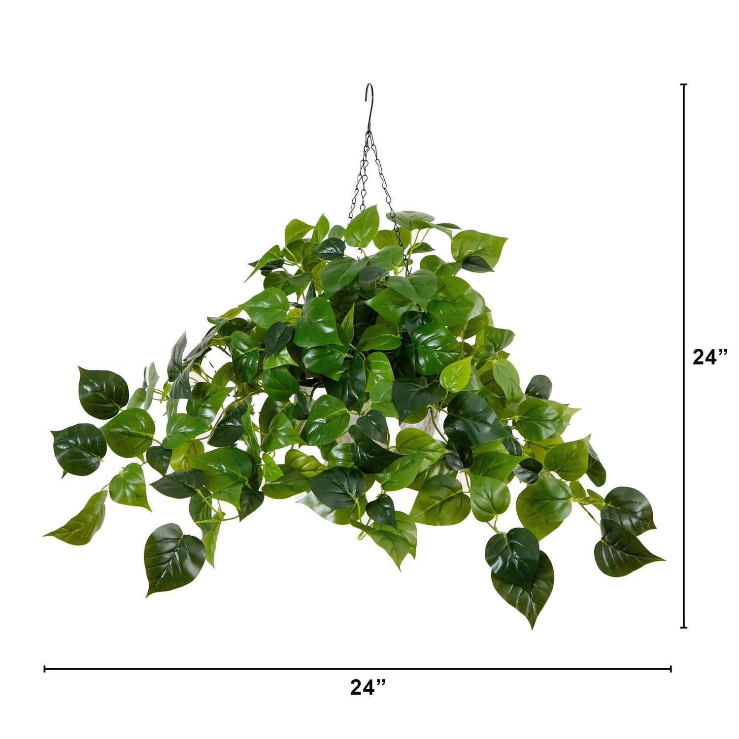 24” UV Resistant Artificial Philodendron with 50 Warm White LED Lights in White Hanging Basket