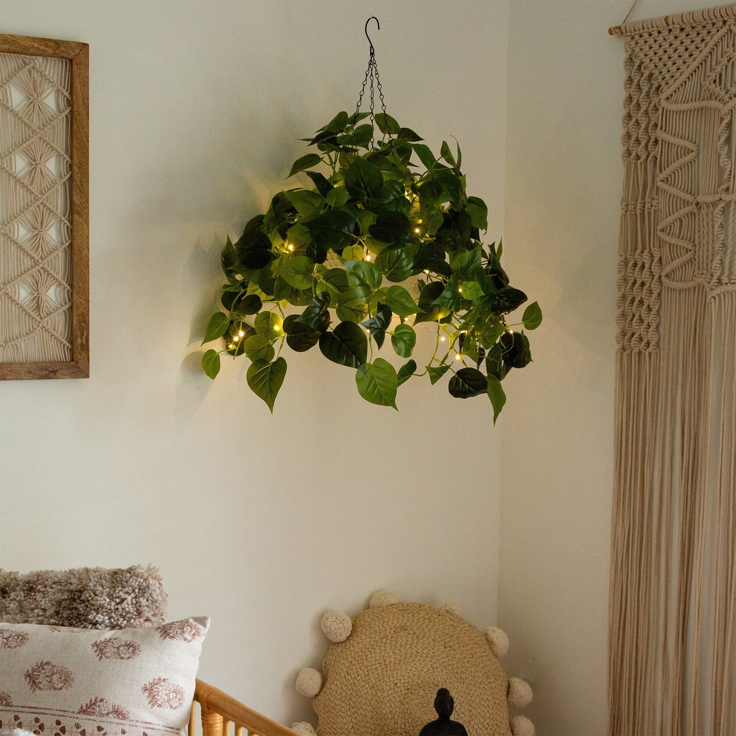 24” UV Resistant Artificial Philodendron with 50 Warm White LED Lights in White Hanging Basket