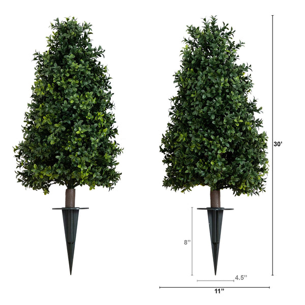 2.5' UV Resistant Artificial Boxwood Plant with Integrated Ground Stake (Indoor/Outdoor) - Set of 2