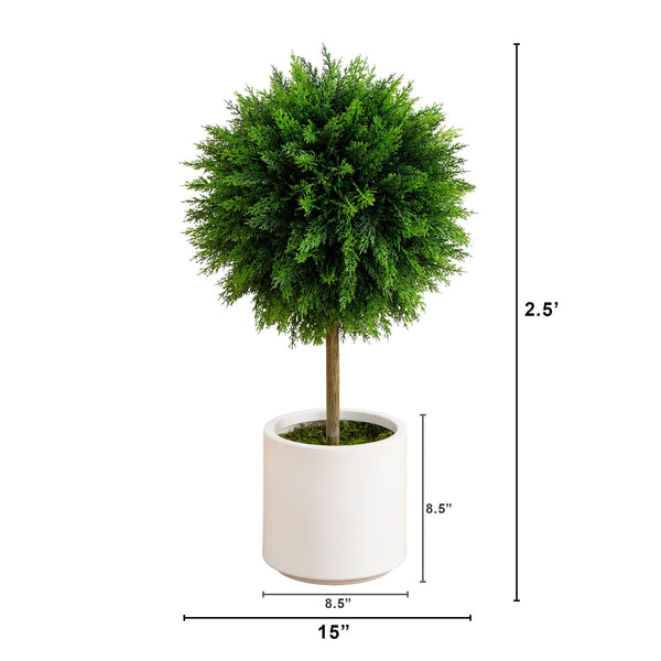 2.5’ UV Resistant Artificial Cedar Ball Topiary Tree in White Decorative Planter (Indoor/Outdoor)